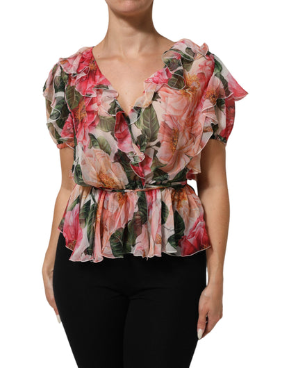 Dolce &amp; Gabbana roze camelia's bedrukte zijden V-hals blouse top