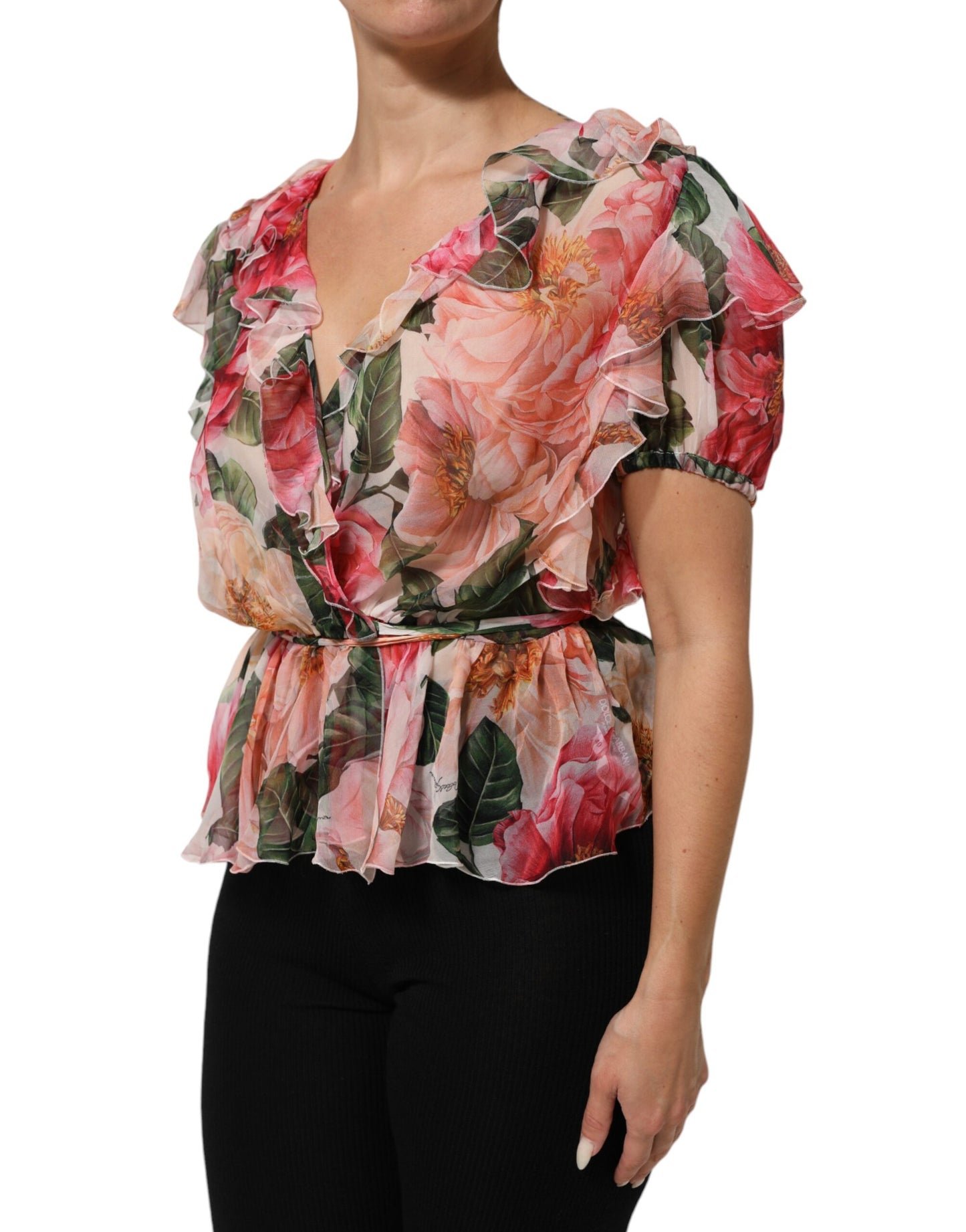 Dolce &amp; Gabbana roze camelia's bedrukte zijden V-hals blouse top