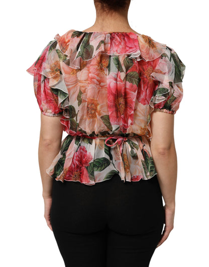 Dolce &amp; Gabbana roze camelia's bedrukte zijden V-hals blouse top