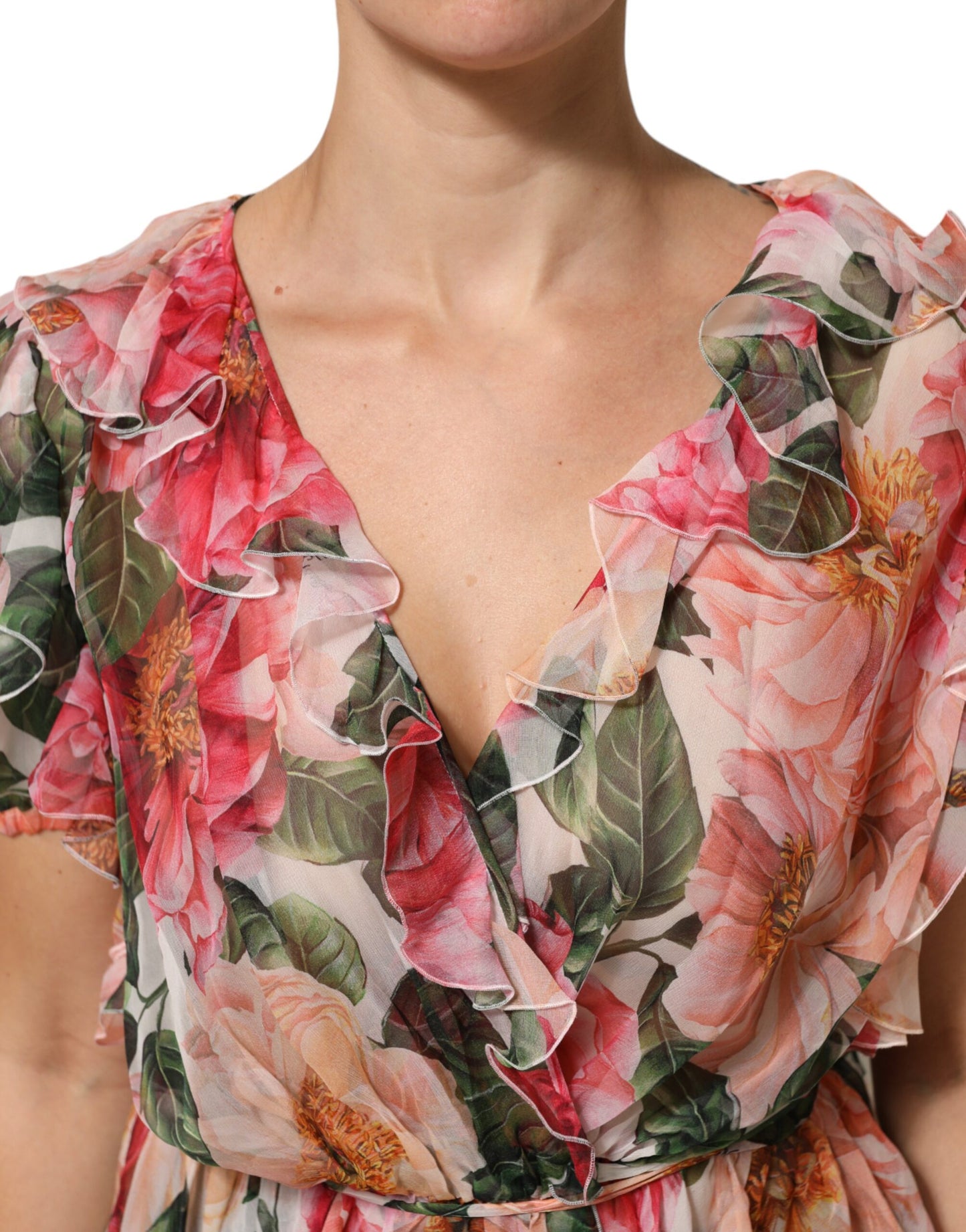 Dolce &amp; Gabbana roze camelia's bedrukte zijden V-hals blouse top