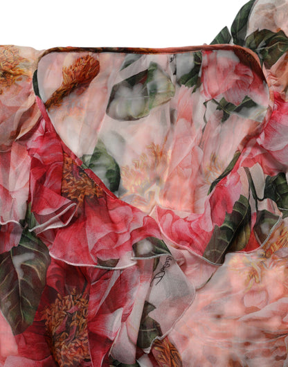 Dolce &amp; Gabbana roze camelia's bedrukte zijden V-hals blouse top