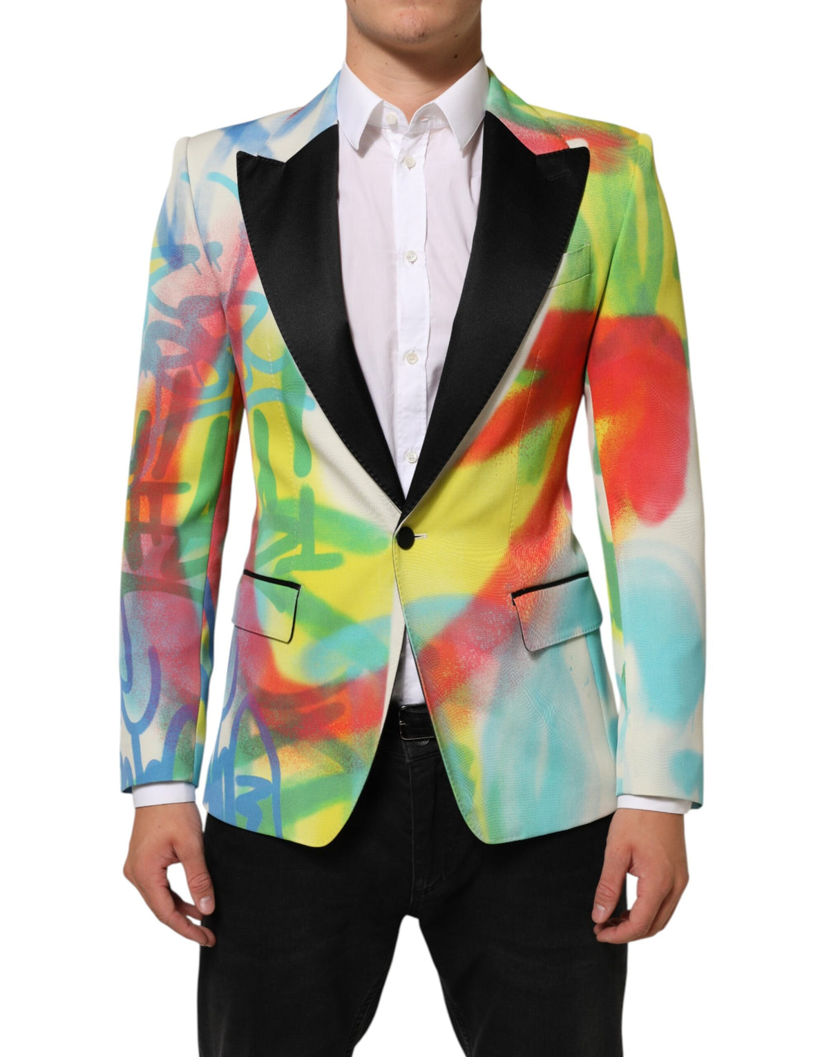 Dolce &amp; Gabbana Blazer de costume multicolore Graffiti SICILIA 1 bouton pour homme