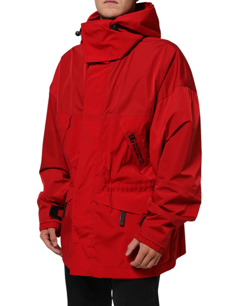 Dolce & Gabbana rode nylon parka jas met capuchon en ritssluiting voor heren