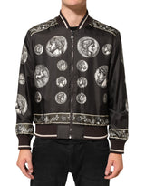 Dolce & Gabbana Veste bomber en soie noire à imprimé pièces de monnaie « Monete »