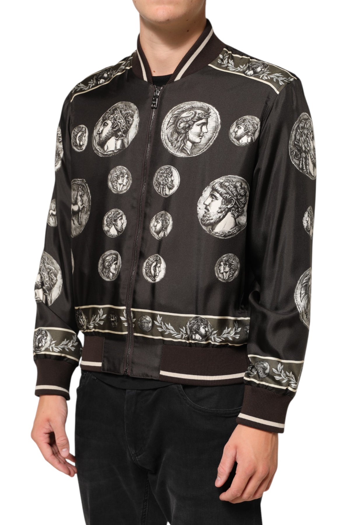 Dolce & Gabbana Veste bomber en soie noire à imprimé pièces de monnaie « Monete »