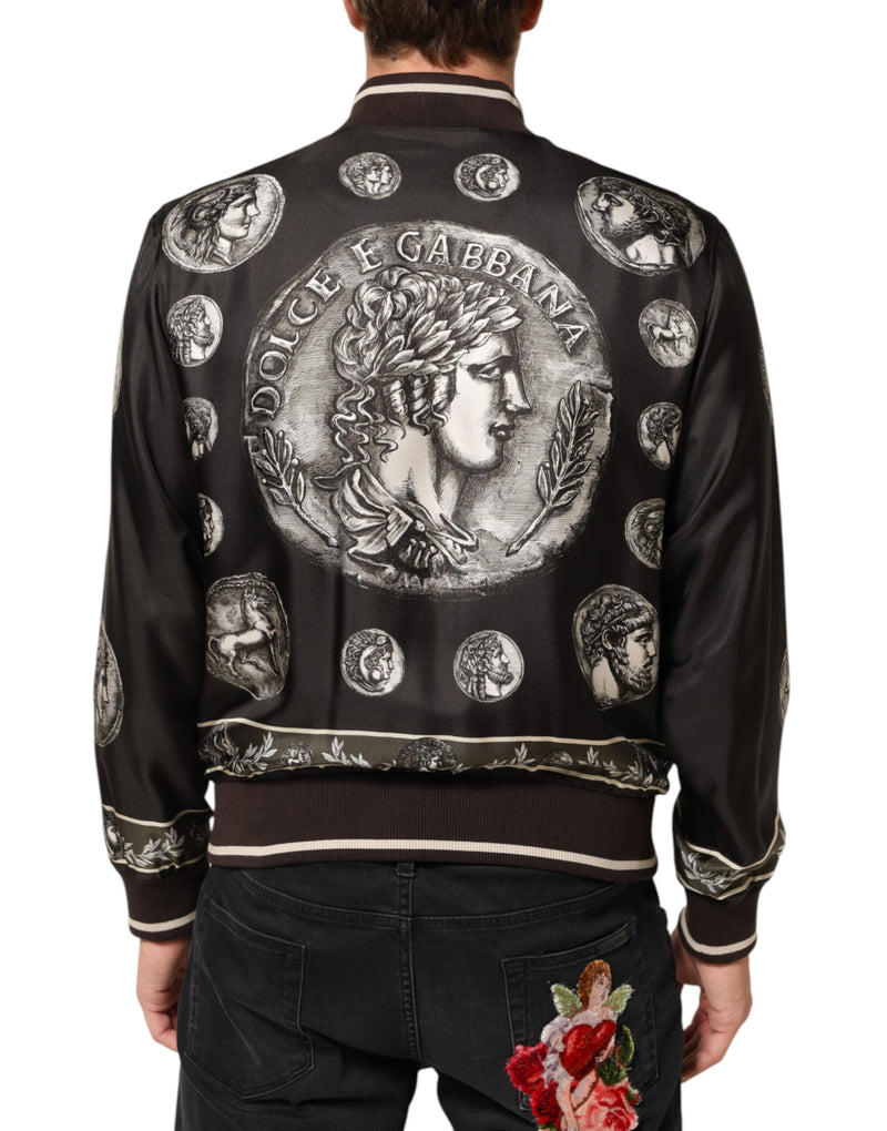 Dolce & Gabbana Zwarte "Monete" Zijden Bomberjas met Muntendruk