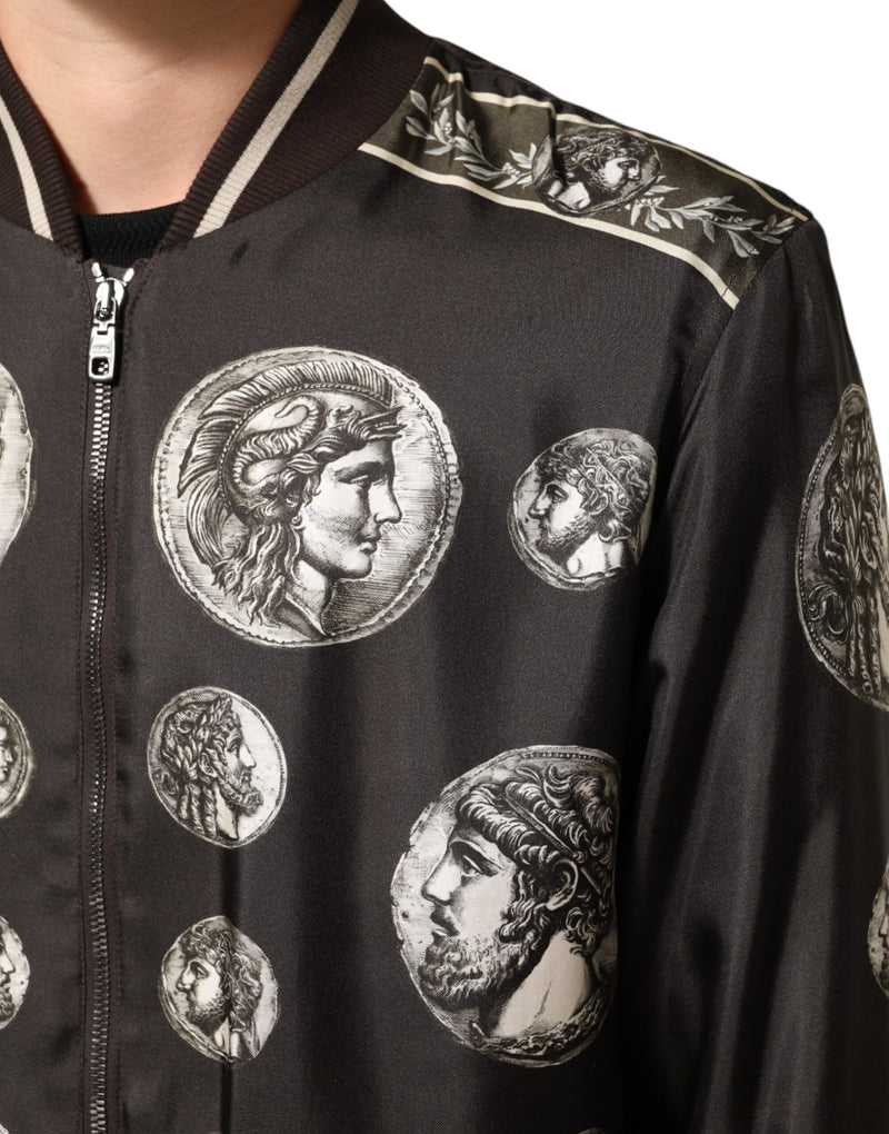 Dolce & Gabbana Zwarte "Monete" Zijden Bomberjas met Muntendruk