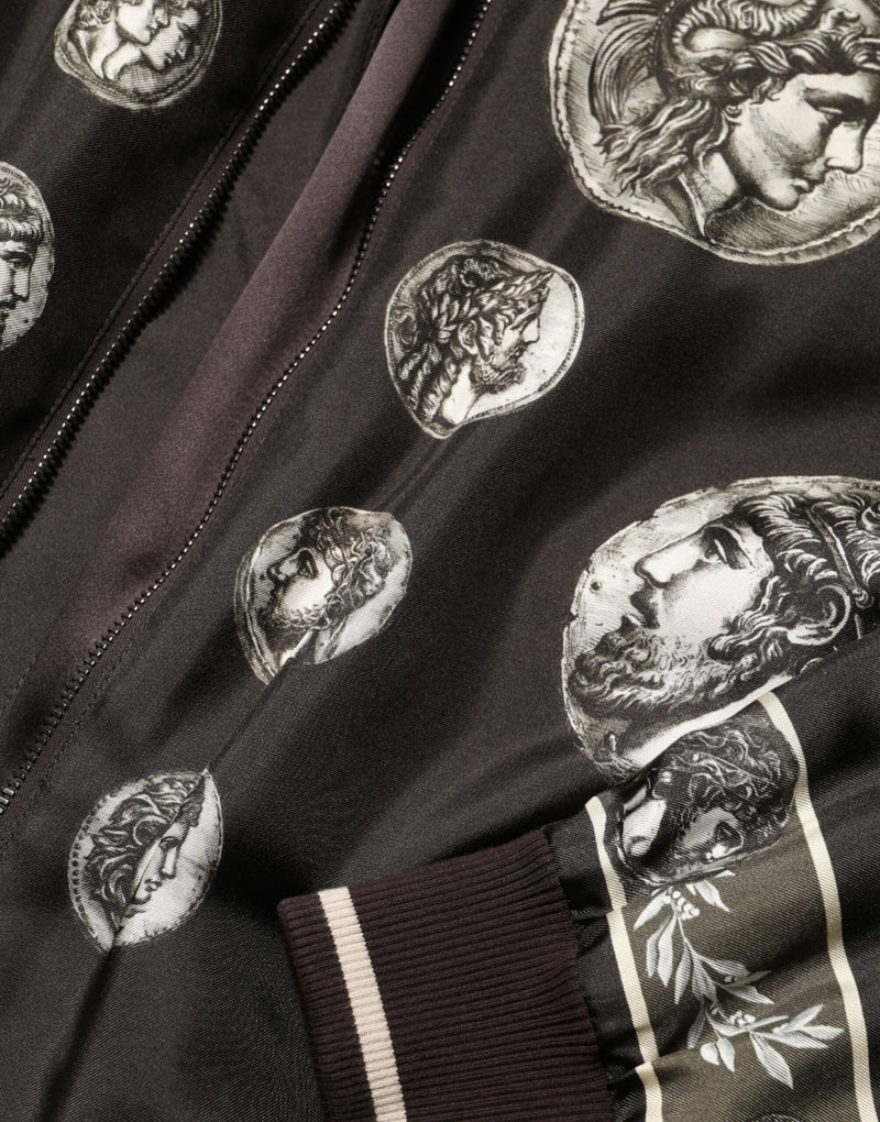 Dolce & Gabbana Zwarte "Monete" Zijden Bomberjas met Muntendruk