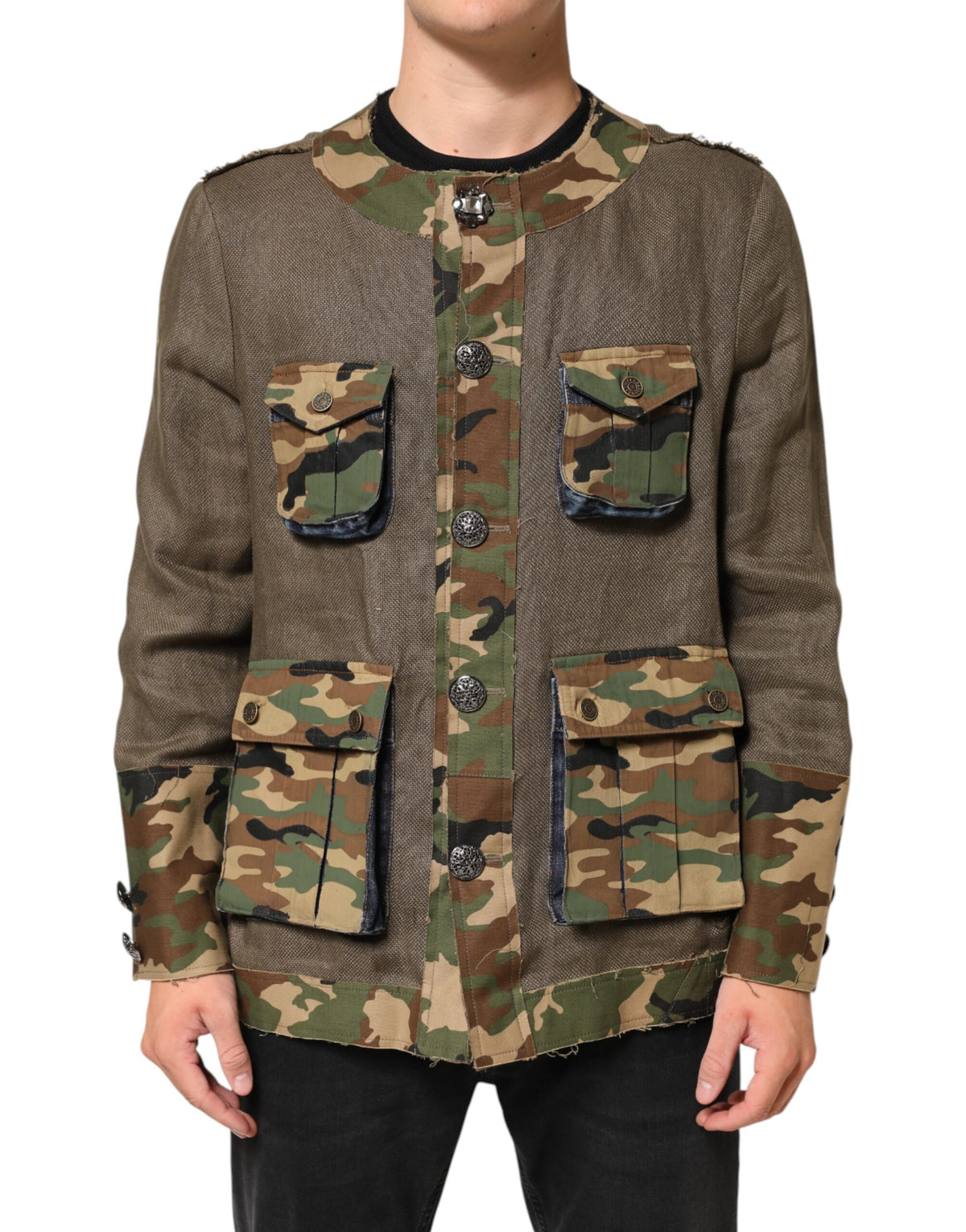 Dolce & Gabbana Veste boutonnée en lin camouflage marron