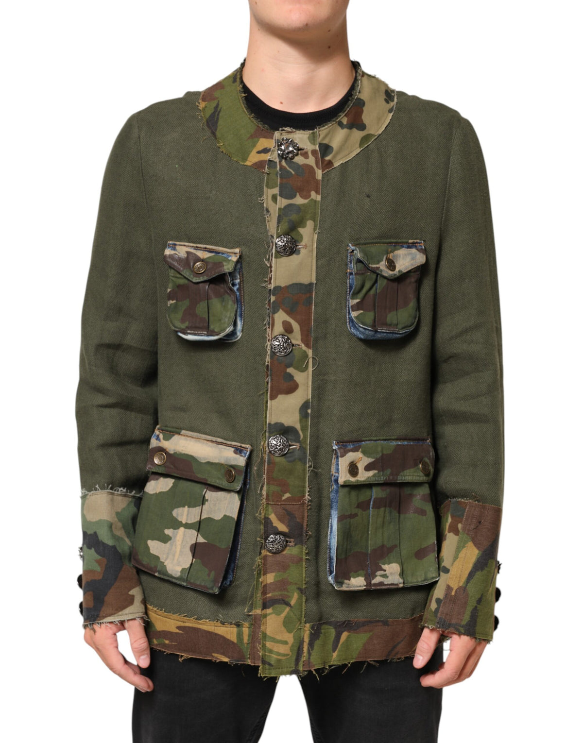 Dolce & Gabbana Veste boutonnée en lin camouflage marron