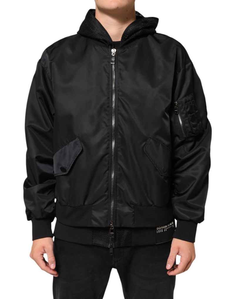 Dolce & Gabbana Zwarte Nylon Bomberjas met Capuchon en Ritssluiting voor Heren