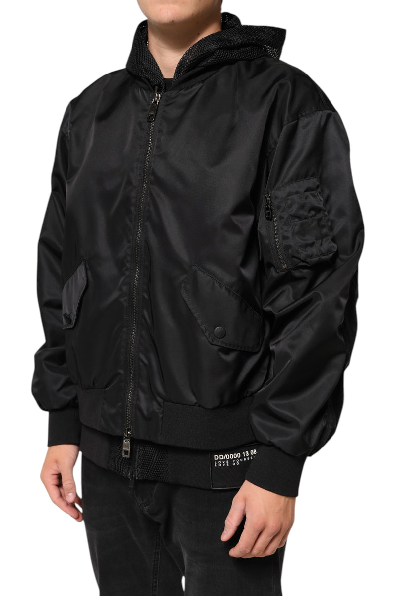 Dolce & Gabbana Zwarte Nylon Bomberjas met Capuchon en Ritssluiting voor Heren