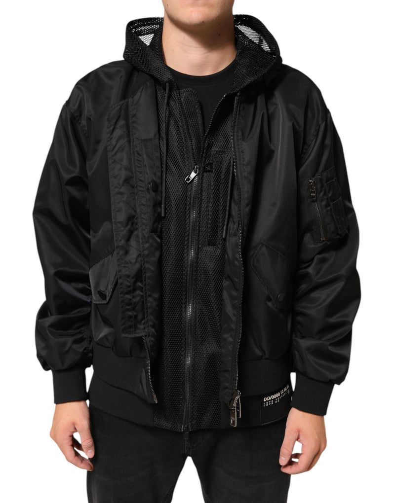 Dolce & Gabbana Zwarte Nylon Bomberjas met Capuchon en Ritssluiting voor Heren