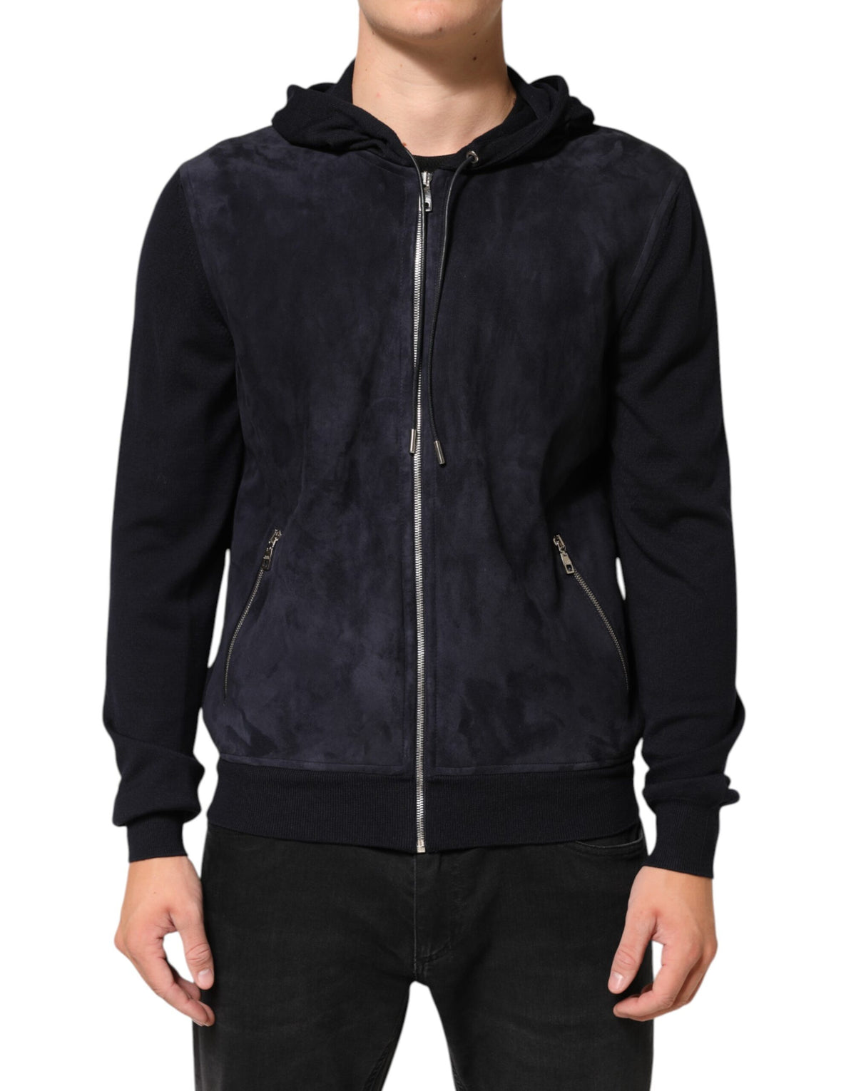 Veste blouson à capuche zippée en cuir noir Dolce & Gabbana