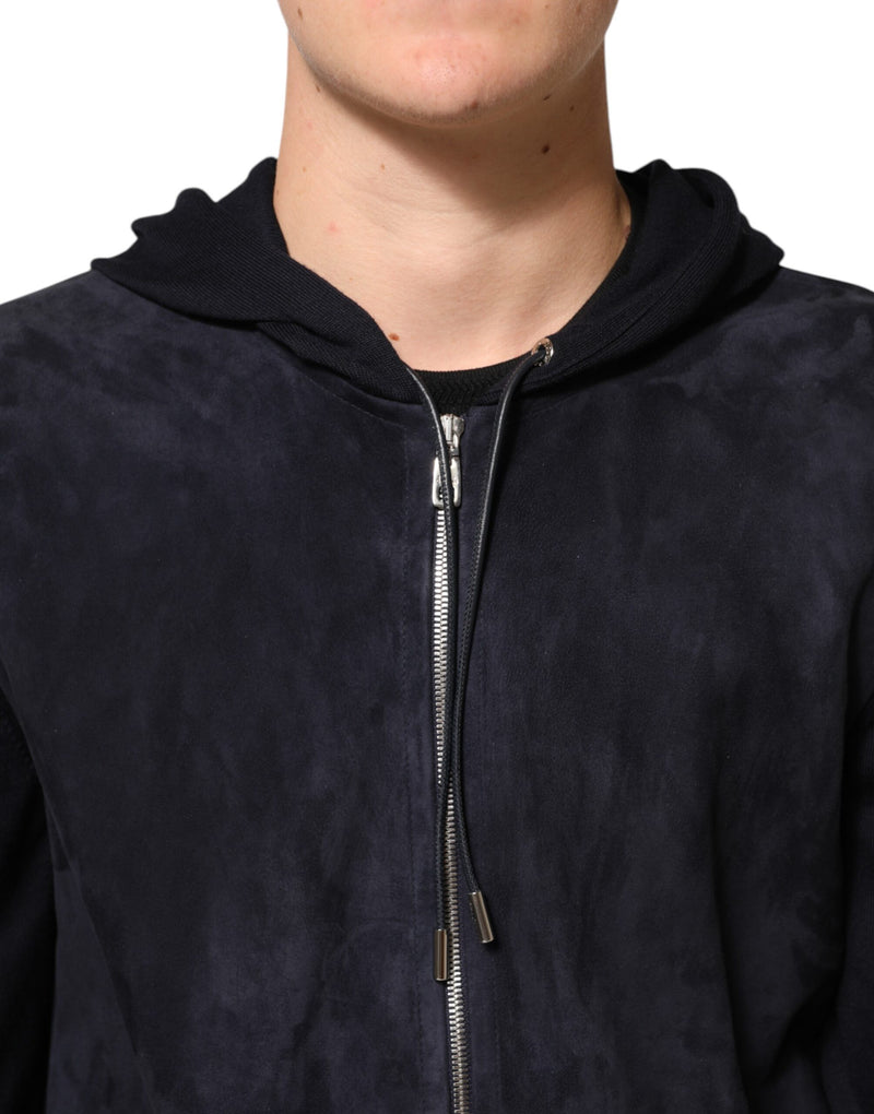 Dolce & Gabbana zwarte leren blousonjas met volledige ritssluiting en capuchon