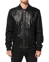 Veste blouson zippée en cuir noir et nylon Dolce & Gabbana