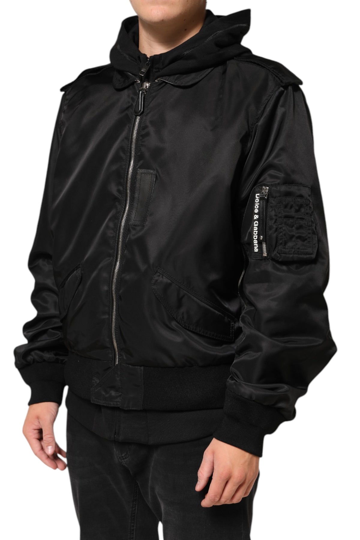 Dolce & Gabbana Veste bomber à capuche en coton noir et fermeture éclair intégrale