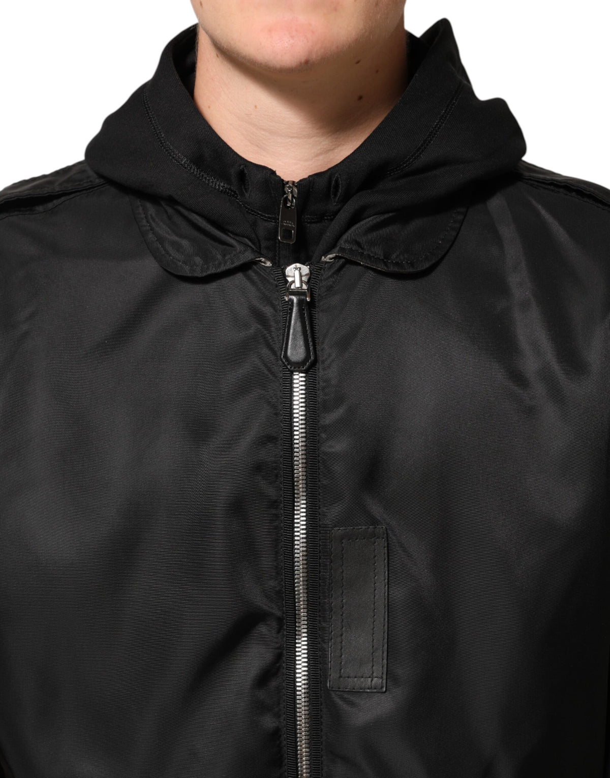 Dolce & Gabbana Veste bomber à capuche en coton noir et fermeture éclair intégrale