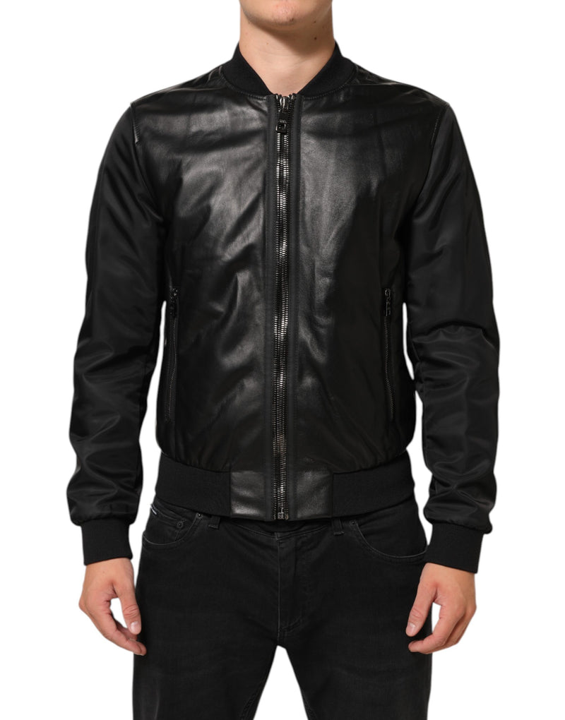 Veste blouson zippée en cuir noir et nylon Dolce & Gabbana