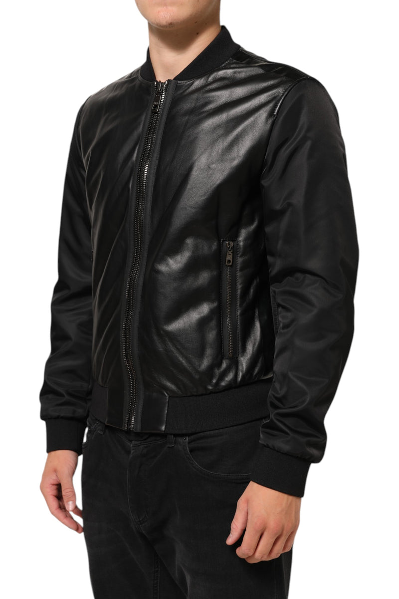 Veste blouson zippée en cuir noir et nylon Dolce & Gabbana