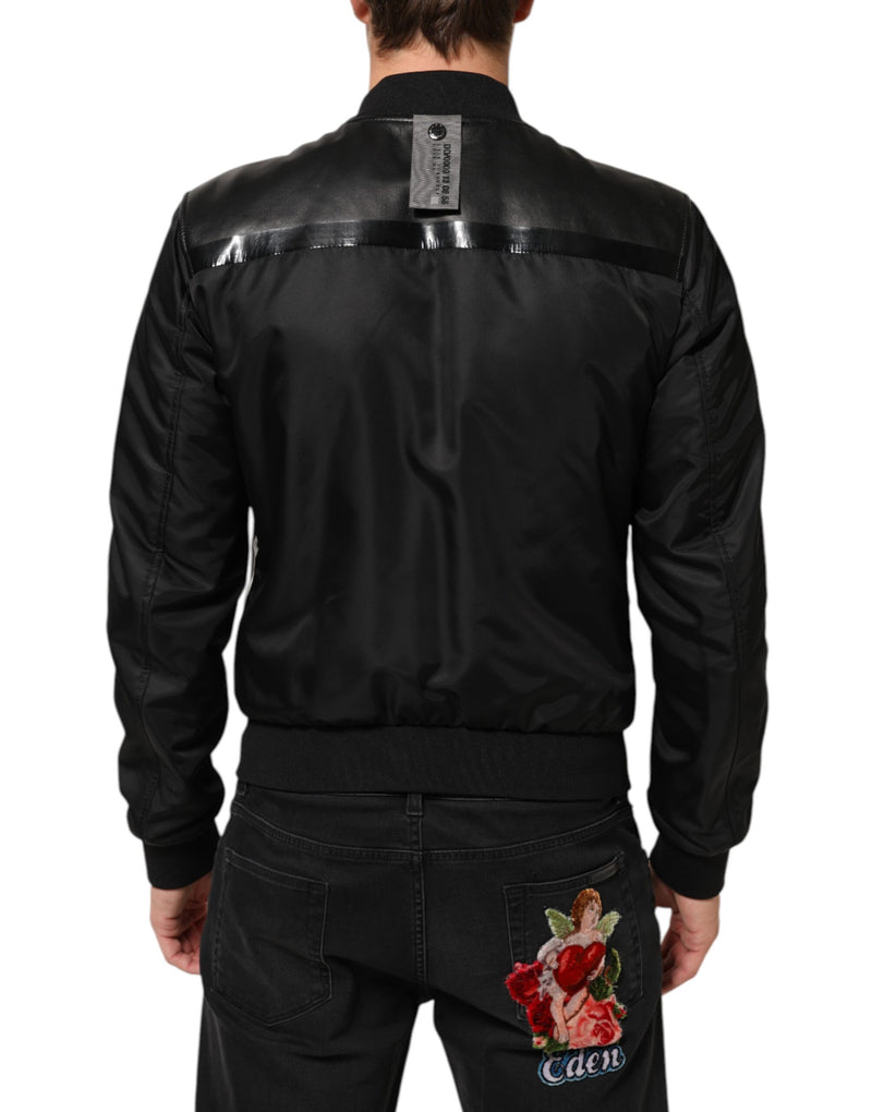 Veste blouson zippée en cuir noir et nylon Dolce & Gabbana
