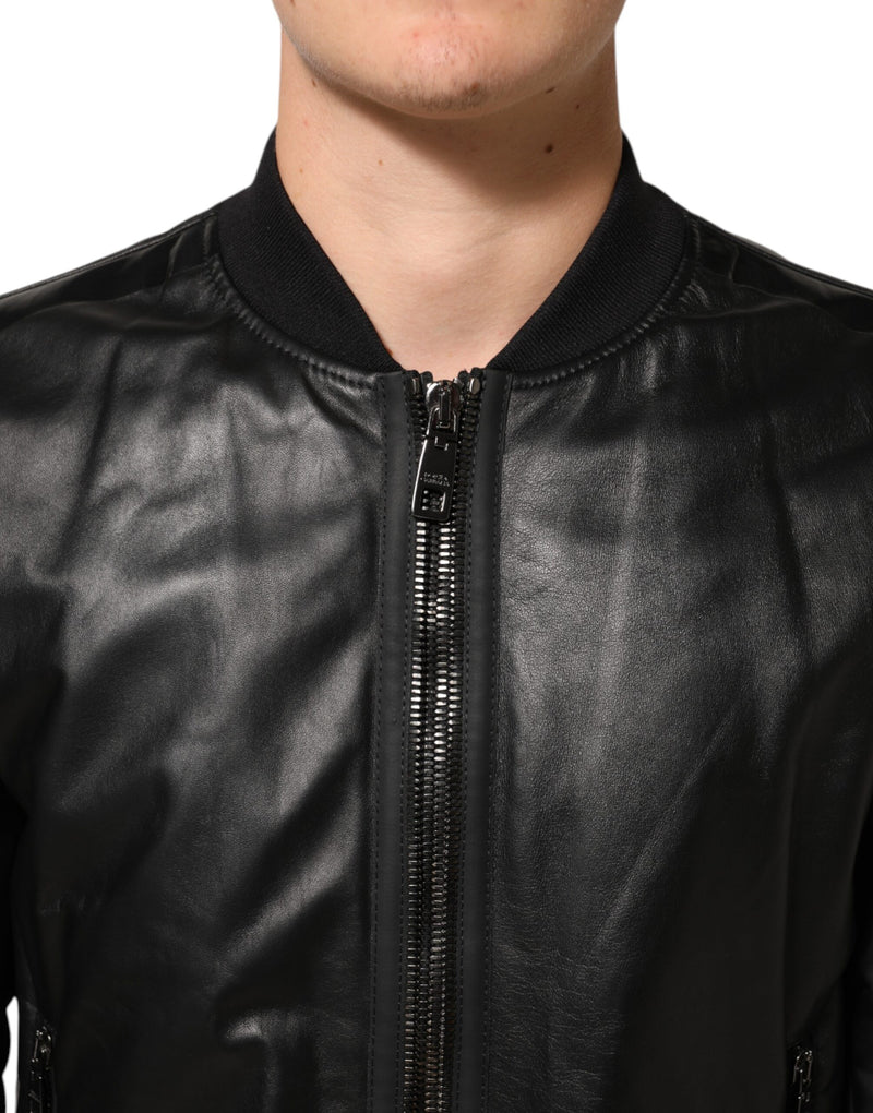 Veste blouson zippée en cuir noir et nylon Dolce & Gabbana