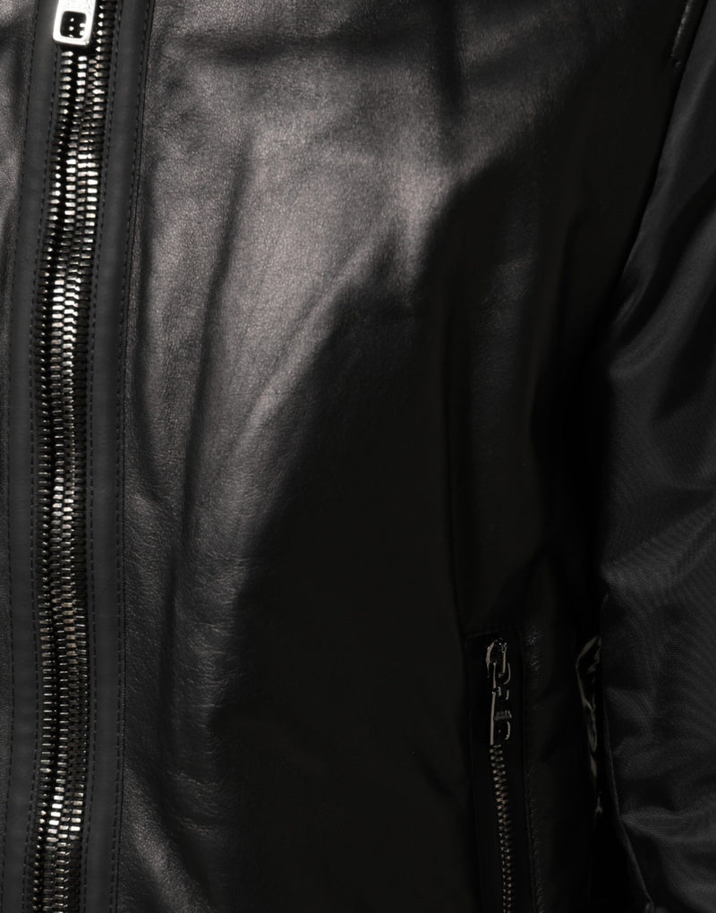 Veste blouson zippée en cuir noir et nylon Dolce & Gabbana