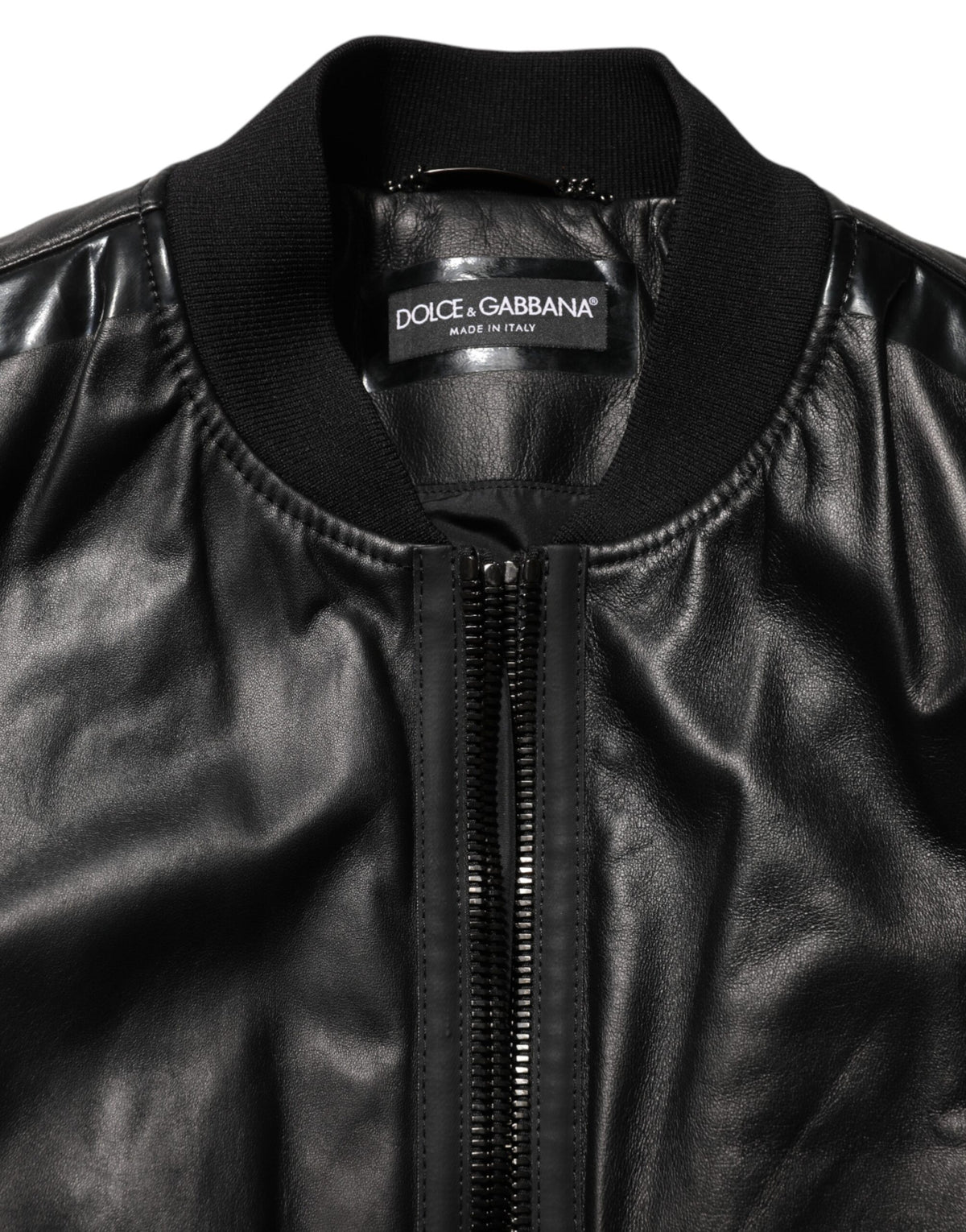 Veste blouson zippée en cuir noir et nylon Dolce & Gabbana