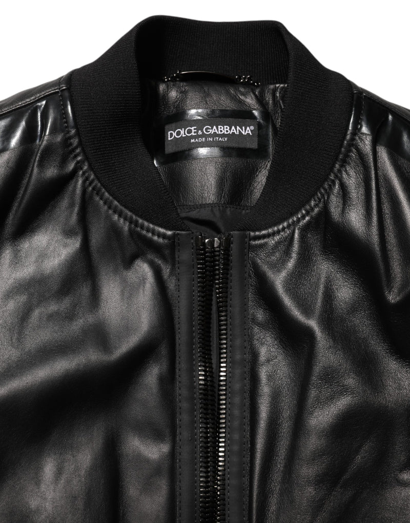 Veste blouson zippée en cuir noir et nylon Dolce & Gabbana