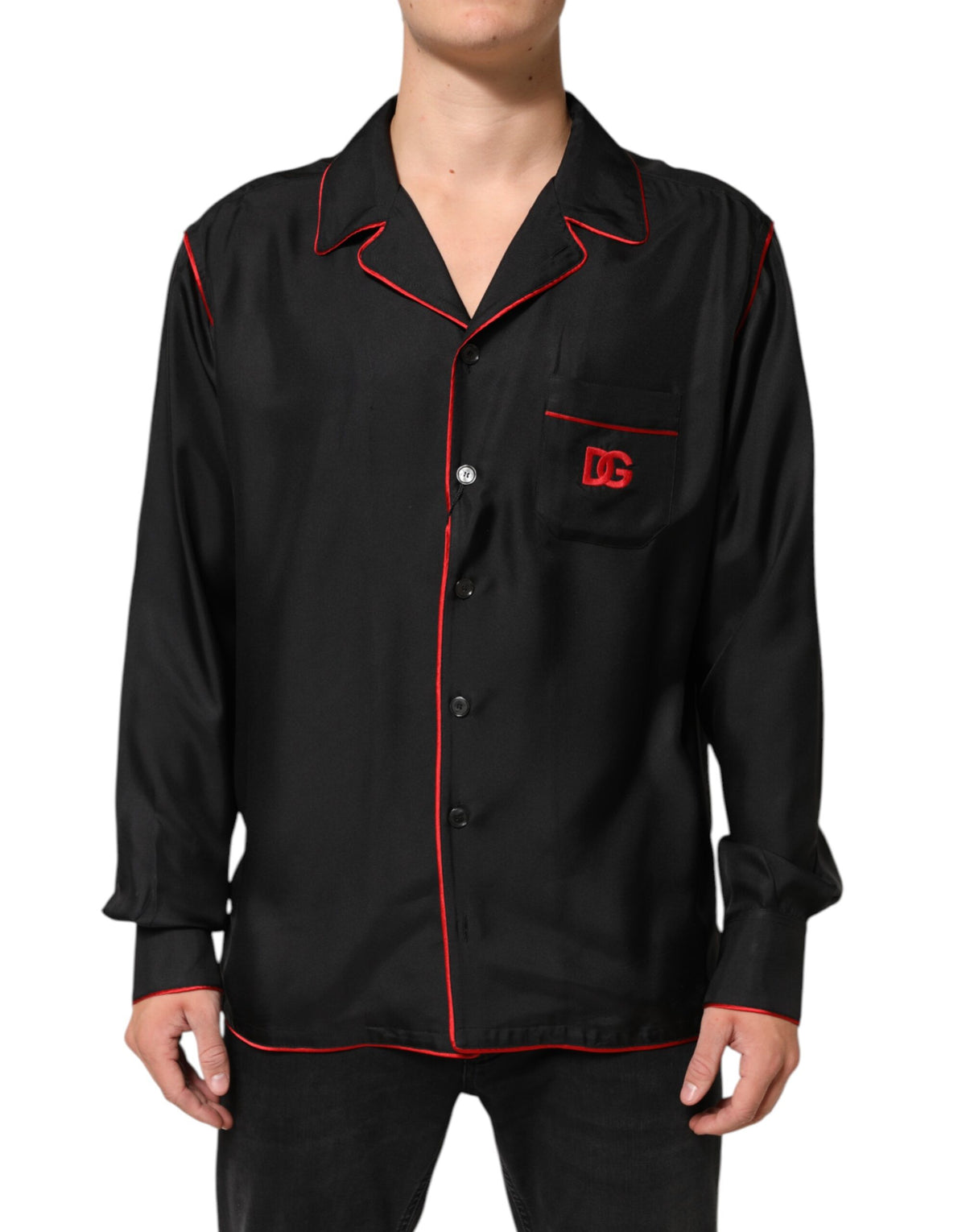 Chemise décontractée en soie Dolce &amp; Gabbana noire et rouge à bordures contrastées