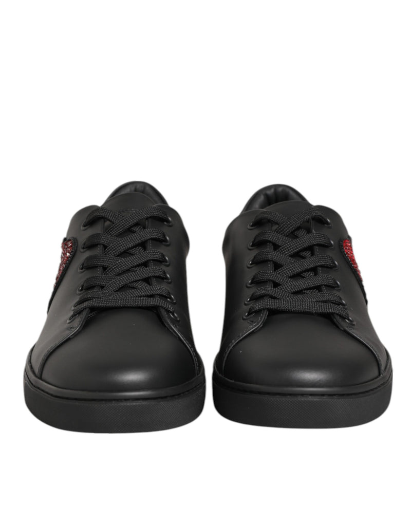 Dolce & Gabbana Black Leather Crystal Heart Sneakers