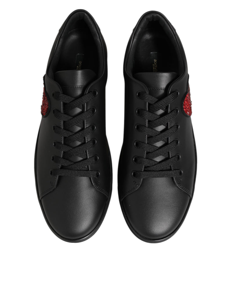 Dolce & Gabbana Black Leather Crystal Heart Sneakers