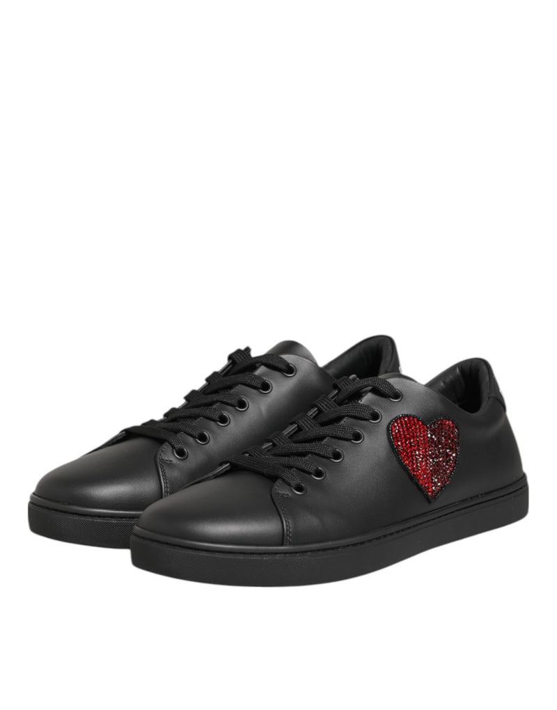 Dolce & Gabbana Black Leather Crystal Heart Sneakers