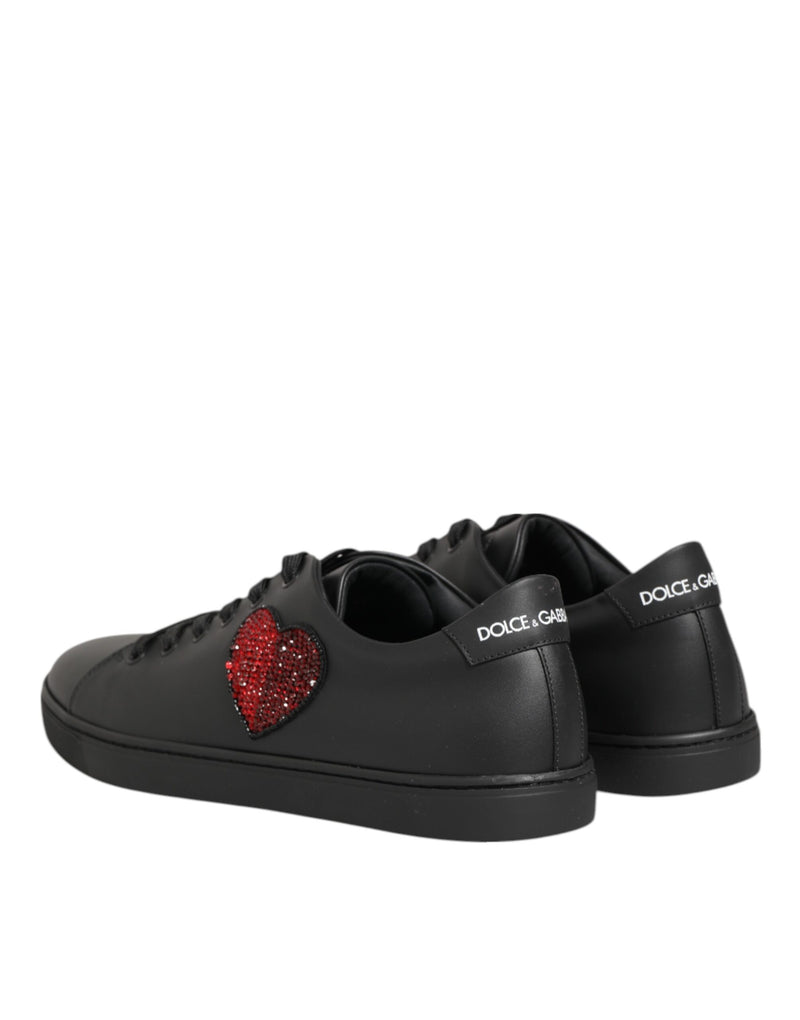 Dolce & Gabbana Black Leather Crystal Heart Sneakers