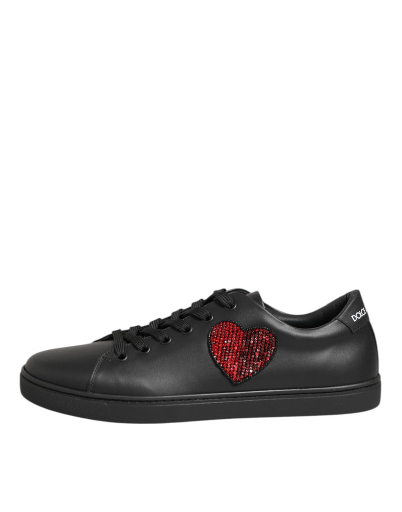 Dolce & Gabbana Black Leather Crystal Heart Sneakers