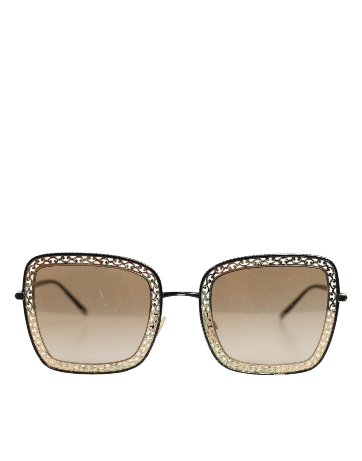 Dolce & Gabbana DG2225 Black Gold Lace Frame Brown Gradient Sunglasses