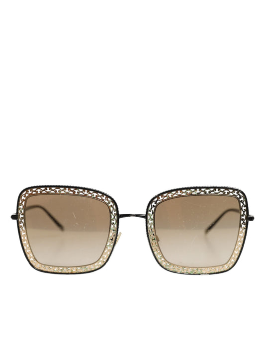 Dolce & Gabbana DG2225 Black Gold Lace Frame Brown Gradient Sunglasses