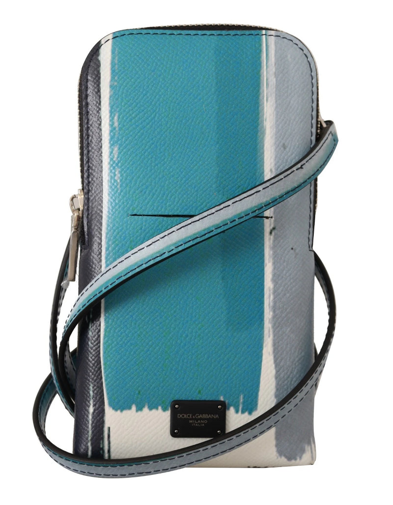 Pochette pour téléphone à bandoulière croisée en cuir bleu Dolce & Gabbana avec emplacement pour cartes et fente pour le cou.