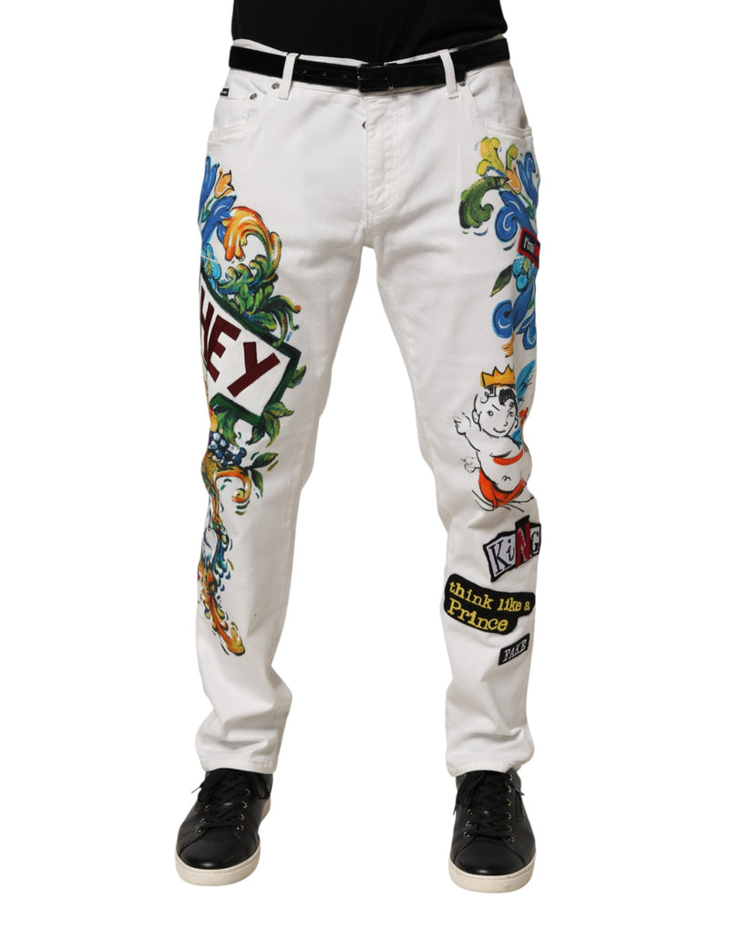 Dolce &amp; Gabbana witte skinny jeans met gouden graffitiprint.