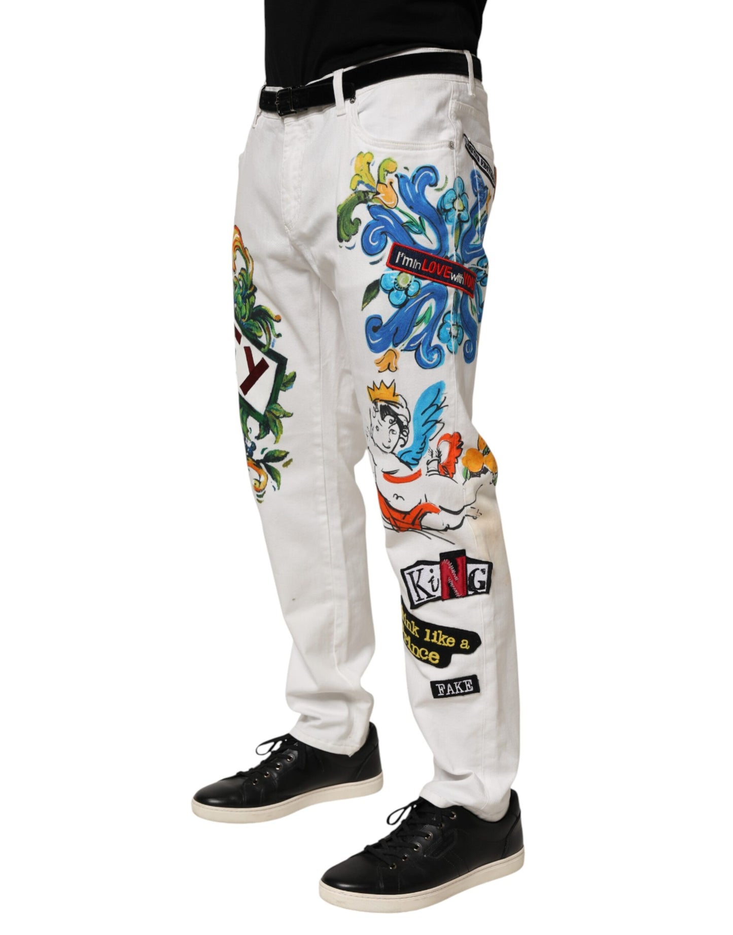 Jeans skinny en jean doré à imprimé graffiti blanc Dolce &amp; Gabbana