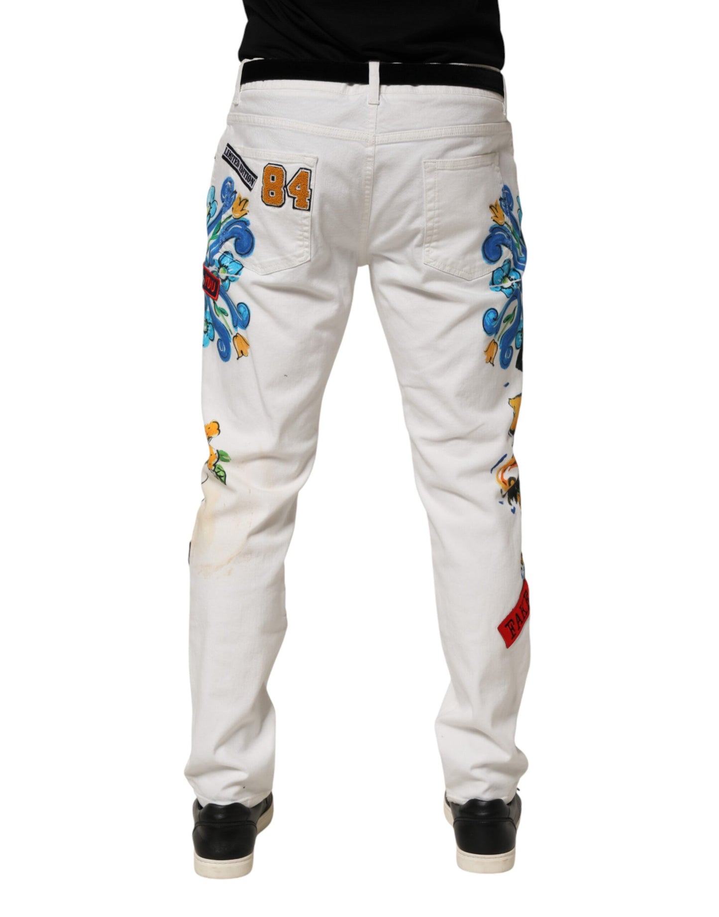 Jeans skinny en jean doré à imprimé graffiti blanc Dolce &amp; Gabbana