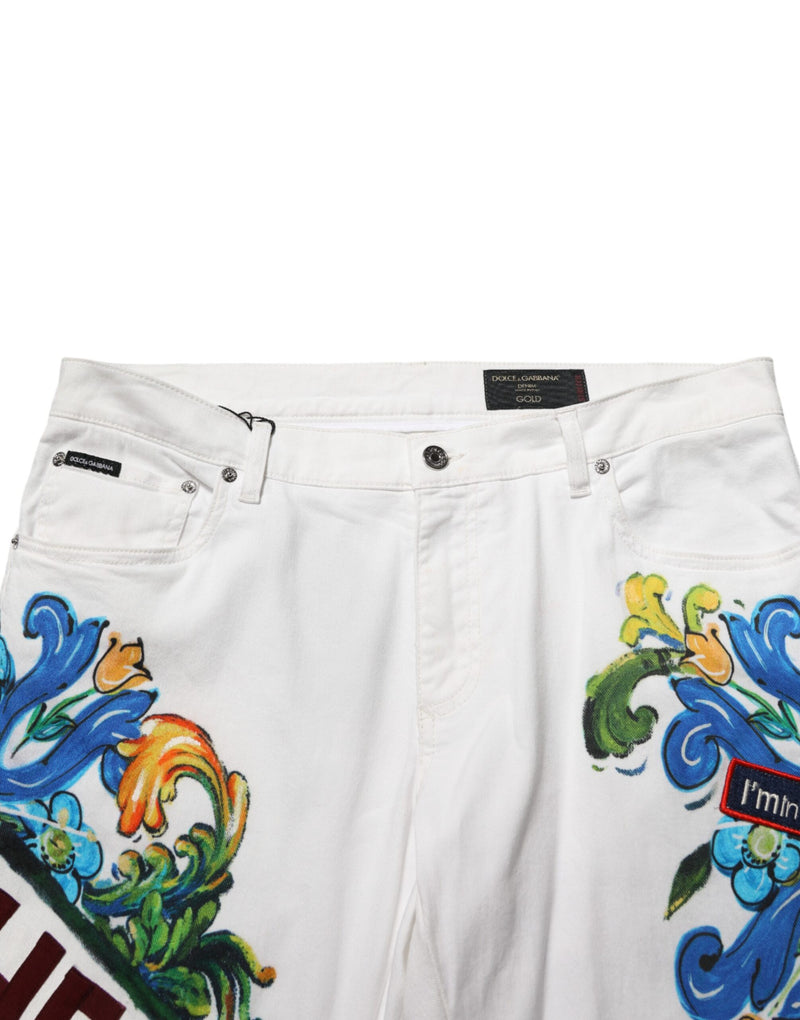 Dolce &amp; Gabbana witte skinny jeans met gouden graffitiprint.