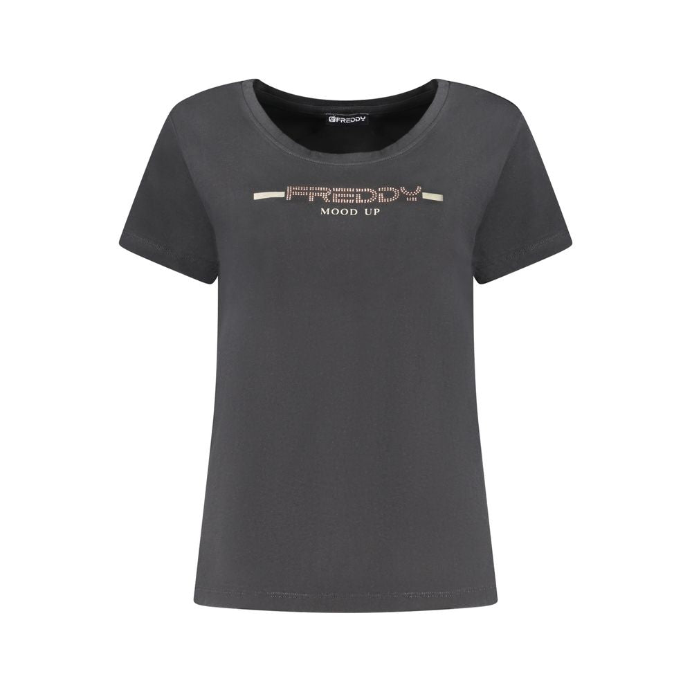 Freddy Black Cotton Women T-Shirt with Rhinestone Details