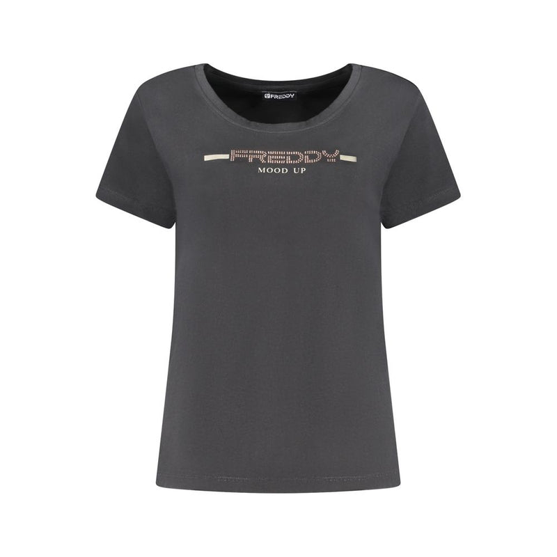 Freddy Black Cotton Women T-Shirt with Rhinestone Details