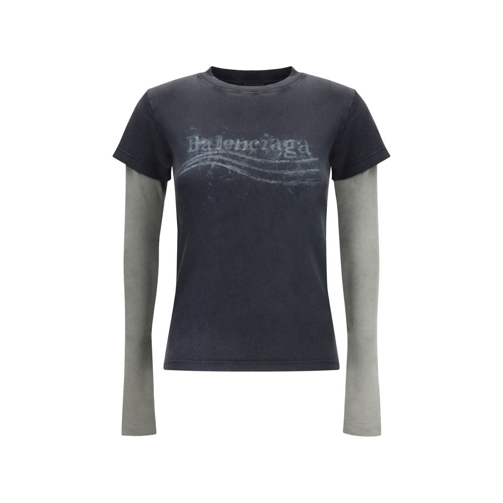 T-shirt à manches doubles et message politique Balenciaga, effet délavé, crayon.