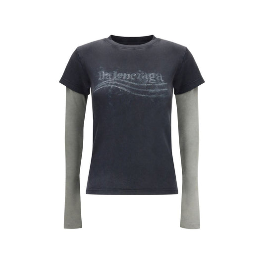 T-shirt à manches doubles et message politique Balenciaga, effet délavé, crayon.