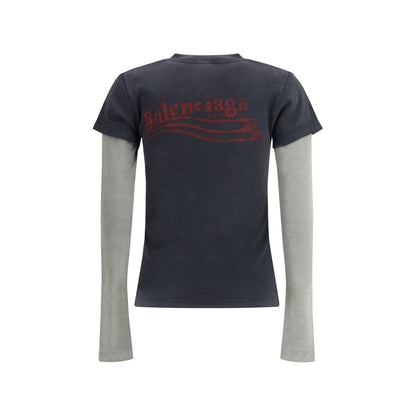 T-shirt à manches doubles et message politique Balenciaga, effet délavé, crayon.