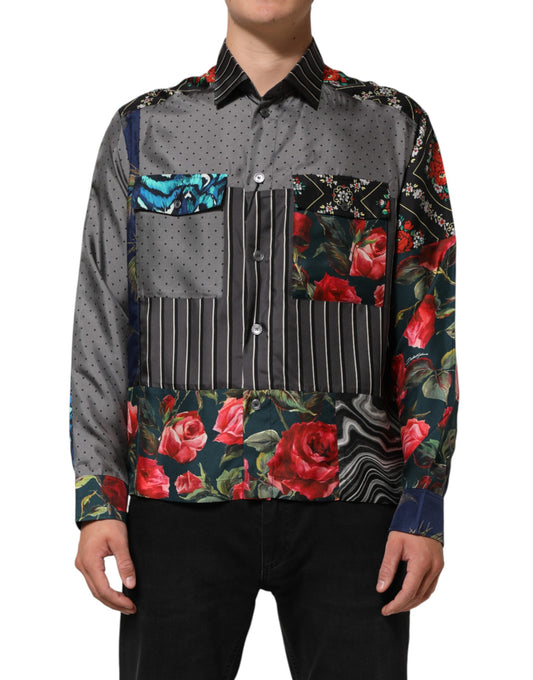 Chemise en soie à manches longues multicolore et patchwork de Dolce &amp; Gabbana