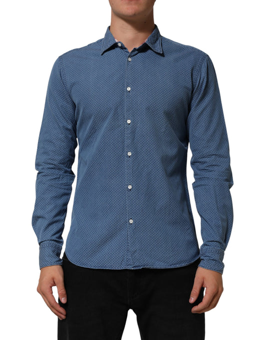 AGLINI Blauw Katoenen Slim Fit Kraag Lange Mouw Casual Overhemd