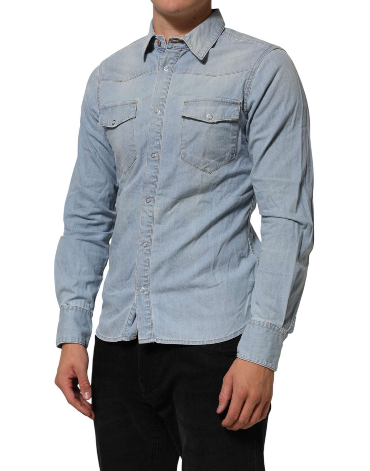 Maison Clochard Light Blue Denim Collared Long Sleeve Shirt
